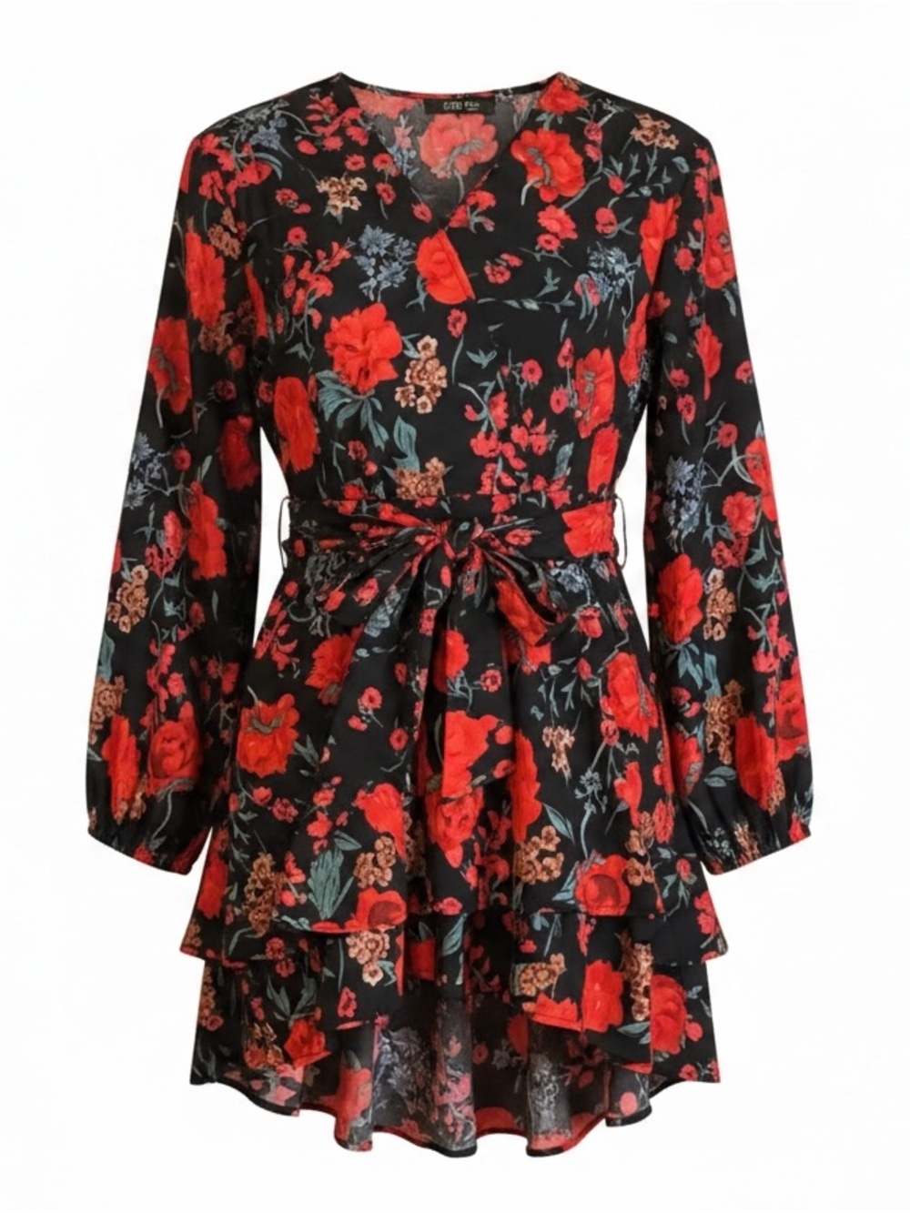 Floral V-Neck Wrap romper in Black with Red Floral Print